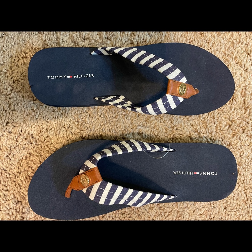 tommy hilfiger blue and white striped flip flops